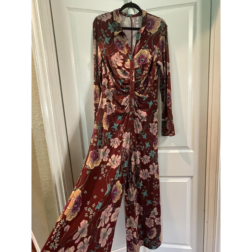 Free People Dress Womens S Red Floral Collared Button Front Shirt Ruched Midi